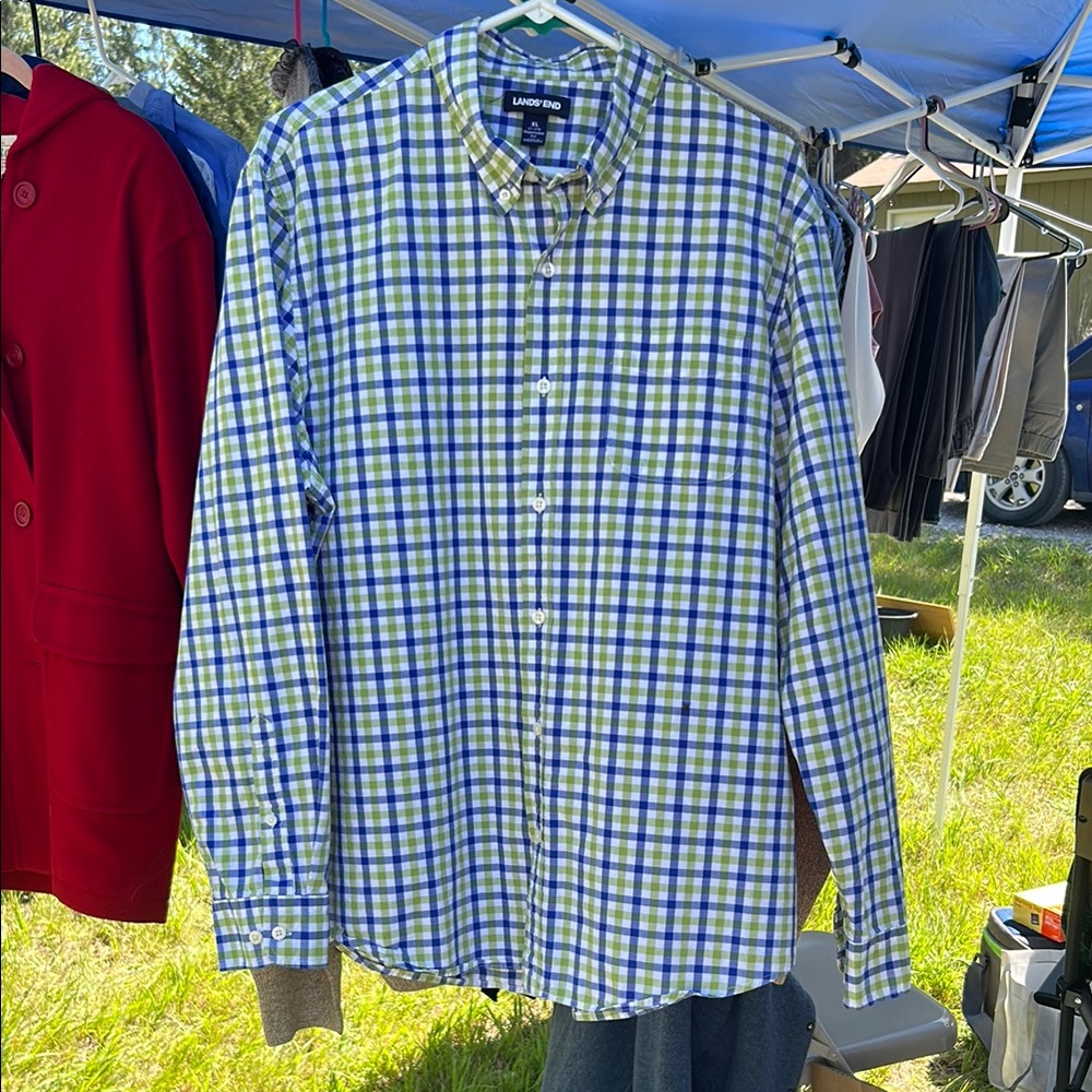 Lands' End Blue and Green Casual Button Down Shirt